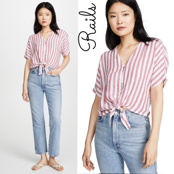 Rails Tops - Thea Carmine Stripe Tie-Front Top